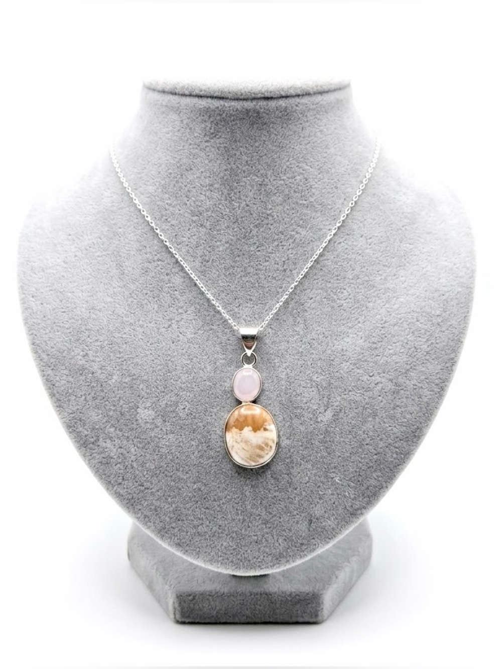 New Artisan Chocolate Calcite & Rose Quartz Necklace 925 Sterling Silver OOAK